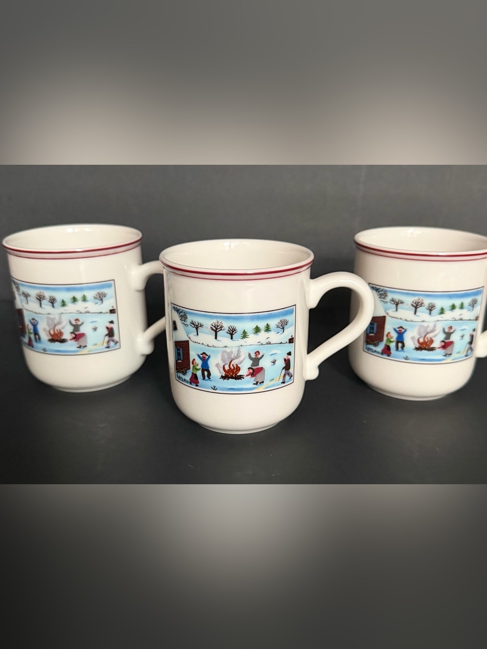 Villeroy & Boch Coffee Milk Mugs Naif Christmas  G Laplau Red Trim Set Of 3